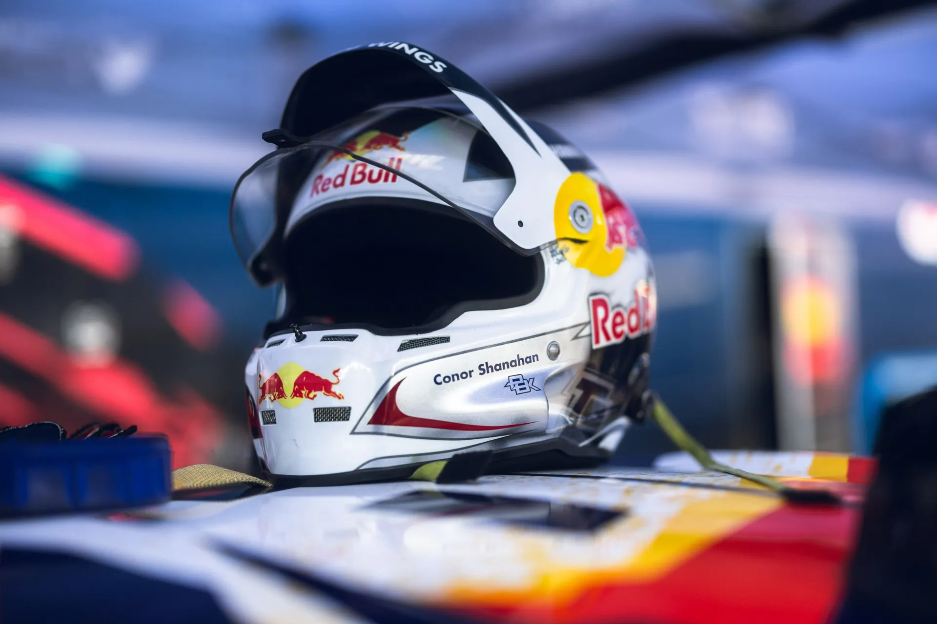 Conor Shanahan's helmet on a Trinity Racing Team drift car